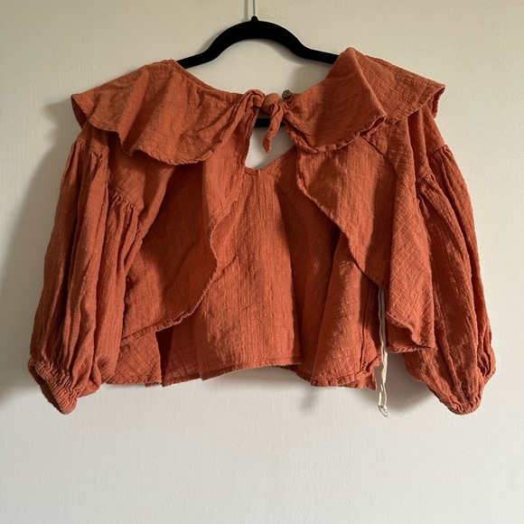 Free People Boho Orange Ginger Spice Zuri Ruffle Open Back Blouse size XS EUC - Picture 9 of 13